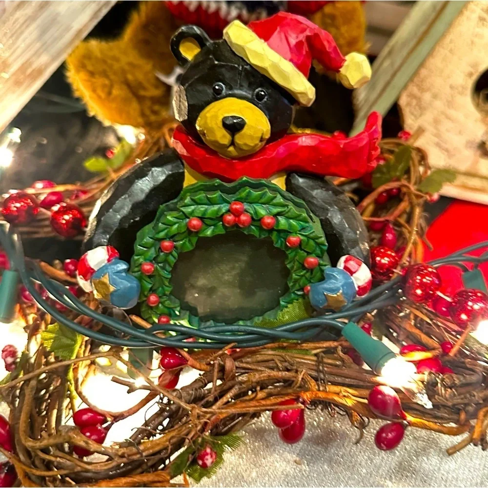Santa Black Bear Christmas‎ Wreath Holiday Picture Frame
